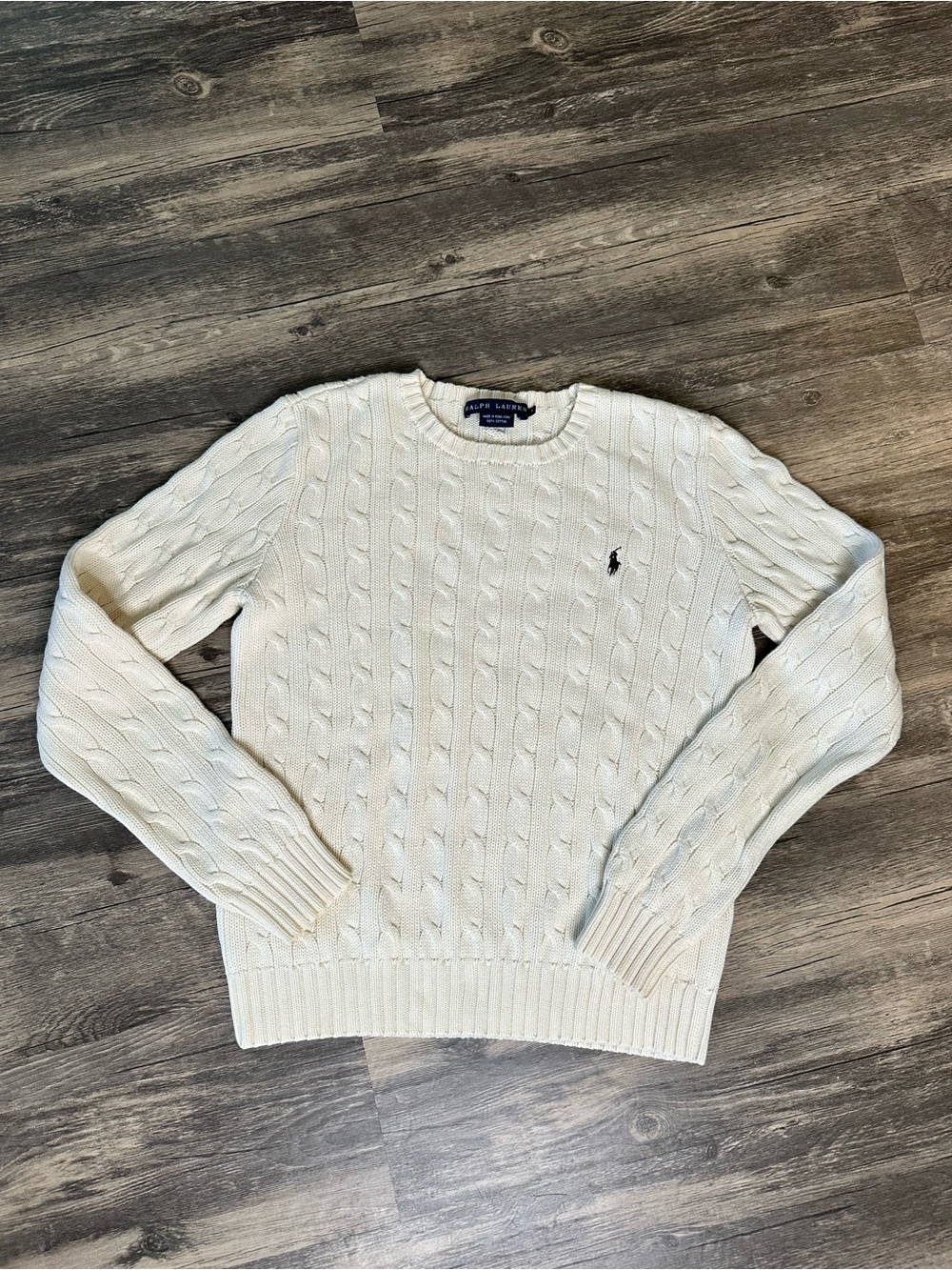 Ralph Lauren Sport Women’s Medium Ivory Cable Knit Cotton Sweater Crewneck Pony